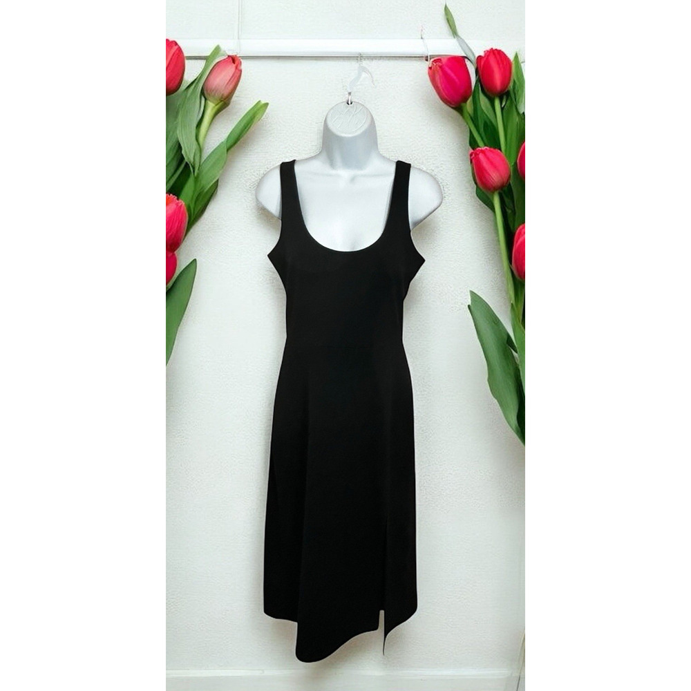 Open Edit Black Midi Dress Sz M Sleeveless Scoop Neck Front Slit Minimalist